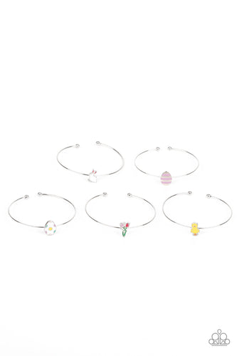 The Easter inspired dainty cuffs feature a rabbit, chick, tulips, and colorful Easter egg frames.