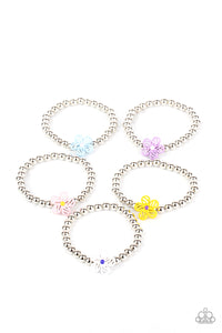Infused with silver beads, the stretchy bracelets feature dainty floral charms that vary in shades of blue, pink, purple, white, and yellow.