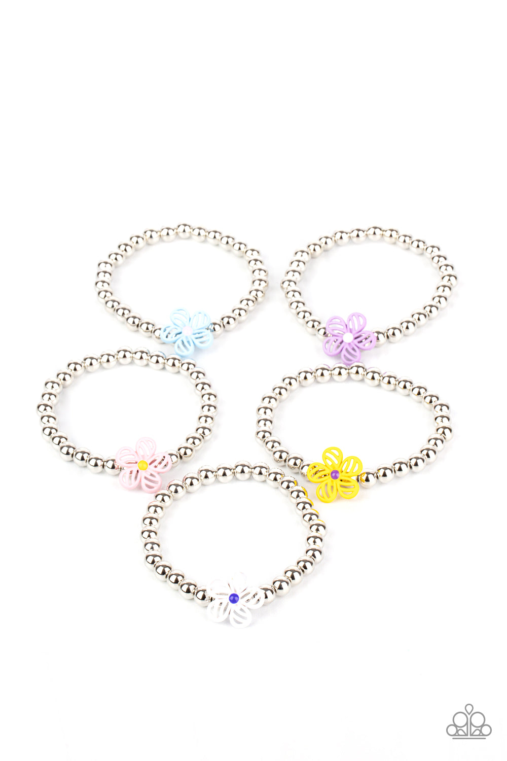 Infused with silver beads, the stretchy bracelets feature dainty floral charms that vary in shades of blue, pink, purple, white, and yellow.