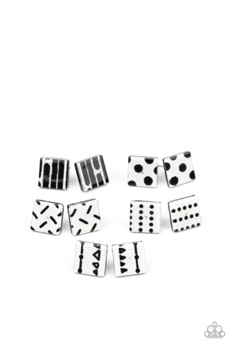 The square frames vary in abstract black and white patterns. Earrings attach to standard post fittings. Sold as a set of 5 for $5
