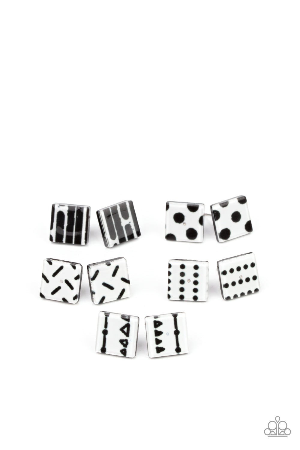 The square frames vary in abstract black and white patterns. Earrings attach to standard post fittings. Sold as a set of 5 for $5