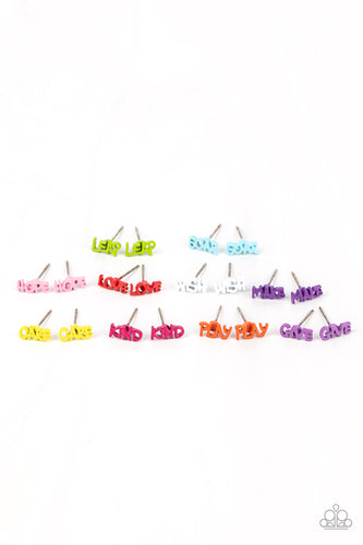 Ten pairs of earrings in assorted colors and shapes to be retailed at $1 per pair. The multicolored inspirational frames include a pink 