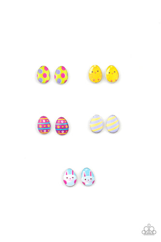 The Easter egg frames varying in stripped, spotted, chick, and rabbit adorned patterns. Earrings attach to standard post fittings.