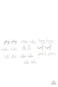 The inspirational frames spell out the words, "play," "smile," "happy," "dream," "life," "laugh," "kind," "hello," "strong," and "love." Earrings attach to standard post fittings.