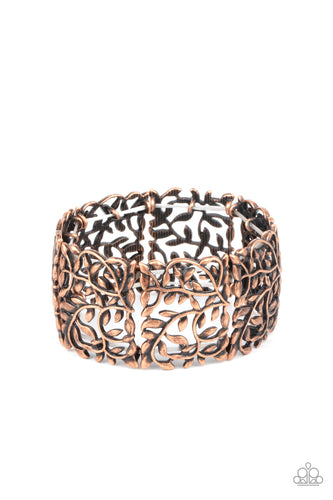 Brushed in an antiqued shimmer, leafy copper filigree frames are threaded along stretchy bands around the wrist for a vintage inspired look.