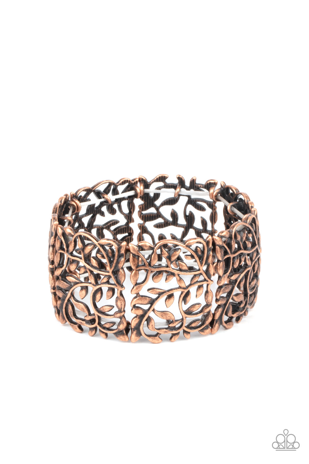 Brushed in an antiqued shimmer, leafy copper filigree frames are threaded along stretchy bands around the wrist for a vintage inspired look.