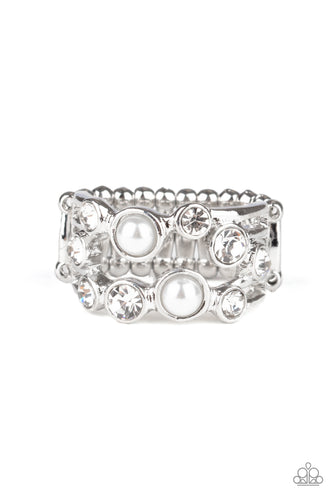 Featuring shiny silver fittings, pearly white beads and glassy white rhinestones coalesce into bubbly layers across the finger. Features a dainty stretchy band for a flexible fit.