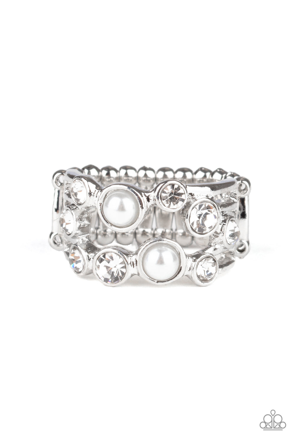 Featuring shiny silver fittings, pearly white beads and glassy white rhinestones coalesce into bubbly layers across the finger. Features a dainty stretchy band for a flexible fit.