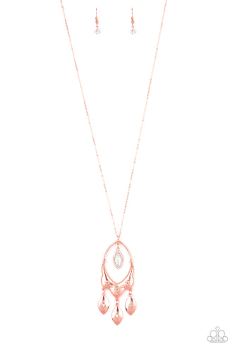 Encrusted in a ring of glassy white rhinestones, an iridescent marquise shaped rhinestone swings from the top of an ornate shiny copper frame dotted in white rhinestone flowers. Dotted with matching white rhinestones, shiny copper frames dangle from the bottom of the frame at the bottom of a lengthened shiny copper chain for a trendsetting finish. Features an adjustable clasp closure.