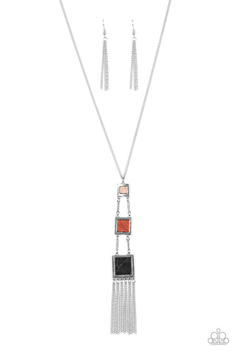 Square silver frames featuring brown, terracotta, and black stone centers, gradually increase in size as they link down the chest. Shimmery silver chains stream from the bottom, adding movement to the seasonal piece. Features an adjustable clasp closure.