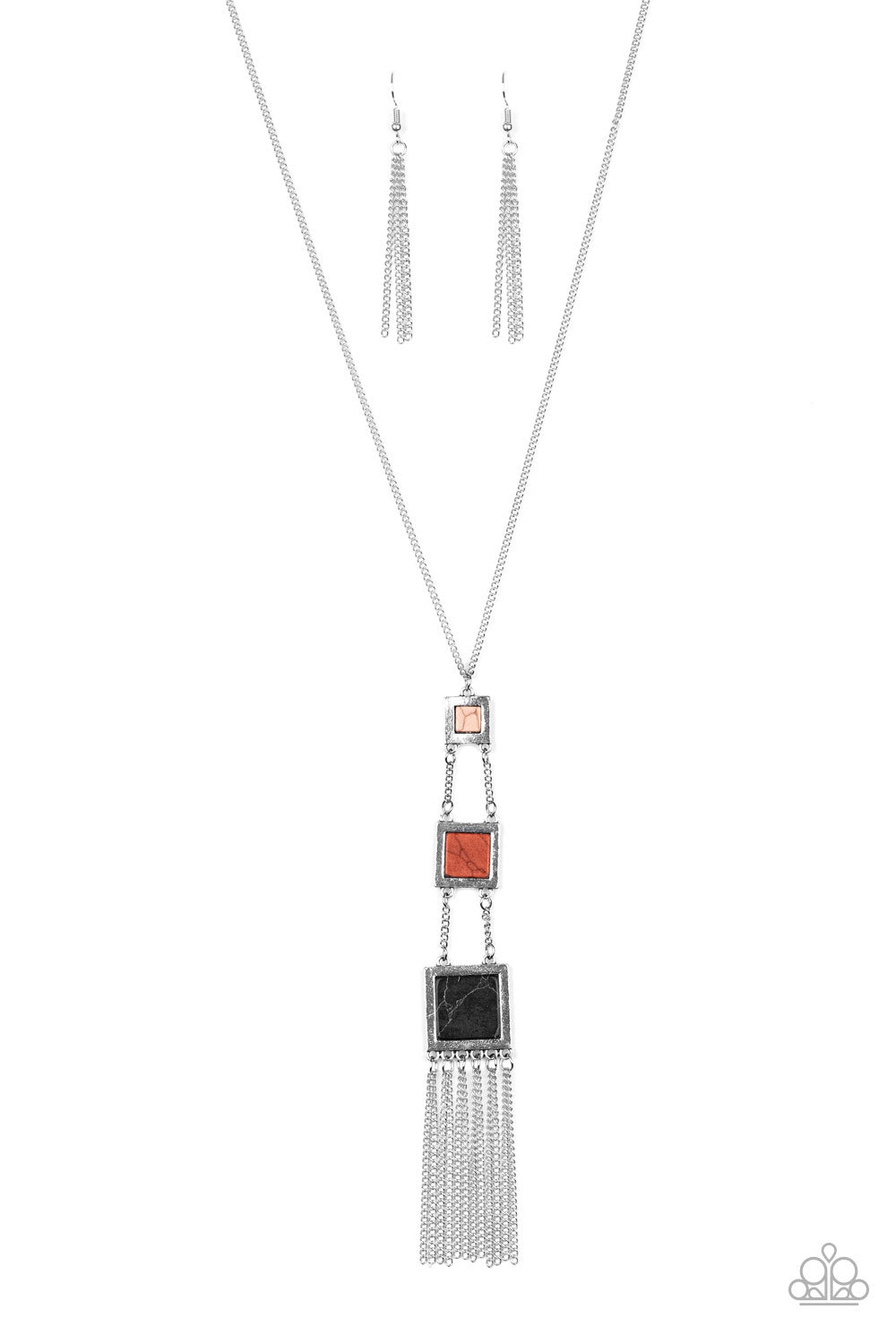 Square silver frames featuring brown, terracotta, and black stone centers, gradually increase in size as they link down the chest. Shimmery silver chains stream from the bottom, adding movement to the seasonal piece. Features an adjustable clasp closure.