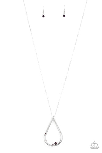 Dainty purple rhinestones collect at the bottom of a triple stacked silver teardrop, creating an elegantly refined pendant at the bottom of a lengthened silver chain. Features an adjustable clasp closure.