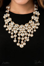 Load image into Gallery viewer, A sparkling storm of classically clustered white rhinestone frames elegantly scatter below the collar. Encased in sleek gold fittings, varied sizes of glassy white rhinestones drip from the bottom of the delicately linked gold frames, resulting in a head-turning twinkle that demands a double take. Features an adjustable clasp closure. 
