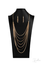 Load image into Gallery viewer, Dramatically capped in bold fittings, lengthened rows of gold herringbone chains layer flawlessly together across the chest. The sleek display attaches to strands of oversized gold links, adding a gritty industrial edge to this majestic masterpiece. Features an adjustable clasp closure.
