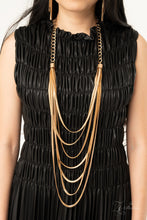 Load image into Gallery viewer, Dramatically capped in bold fittings, lengthened rows of gold herringbone chains layer flawlessly together across the chest. The sleek display attaches to strands of oversized gold links, adding a gritty industrial edge to this majestic masterpiece. Features an adjustable clasp closure.
