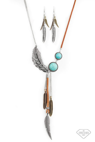 Fastened together with an assortment of silver chains and pieces of earthy brown leather, a whimsical collection of turquoise stone frames and brass, copper, and silver feather charms join below the collar, creating a wild wanderlust fringe. Features an adjustable clasp closure.