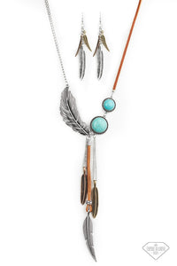 Fastened together with an assortment of silver chains and pieces of earthy brown leather, a whimsical collection of turquoise stone frames and brass, copper, and silver feather charms join below the collar, creating a wild wanderlust fringe. Features an adjustable clasp closure.