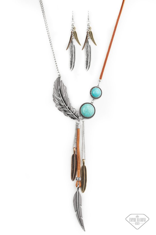 Fastened together with an assortment of silver chains and pieces of earthy brown leather, a whimsical collection of turquoise stone frames and brass, copper, and silver feather charms join below the collar, creating a wild wanderlust fringe. Features an adjustable clasp closure.