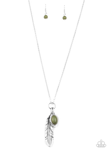 Dotted with a Military Olive stone, a dainty silver leaf charm joins a lifelike silver feather charm at the bottom of a lengthened silver popcorn chain, creating a whimsical pendant. Features an adjustable clasp closure