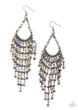 Load image into Gallery viewer, Oil spill rhinestone beaded tassels cascade from the bottom of a bowing gunmetal bar, creating an ethereal tapered fringe. Earring attaches to a standard fishhook fitting.  Sold as one pair of earrings.  New Kit FANFAVORITE This Fan Favorite is back in the spotlight at the request of our 2021 Life of the Party member with Black Diamond Access
