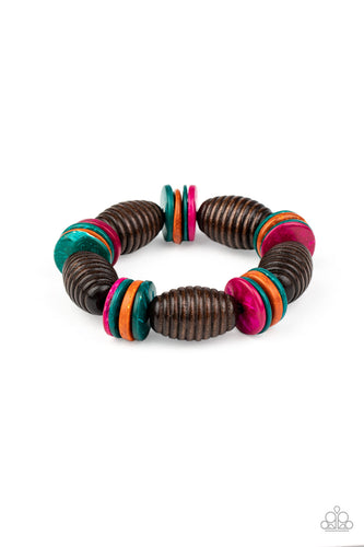 A summery collection of oversized brown wooden beads and distressed multicolored wooden discs are delicately threaded along stretchy bands around the wrist for a beach inspired fashion. 