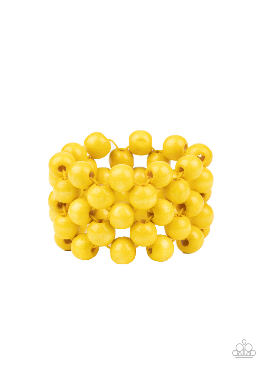 An oversized collection of sunny yellow wooden beads are threaded along stretchy bands that ornately weave across the wrist, creating a decorative summery pattern.
