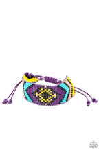 Load image into Gallery viewer, A dainty collection of purple, yellow, black, Rose Tan, and blue beads are delicately weaved into a colorful textile pattern across the wrist for a southwestern inspired fashion. Features an adjustable sliding knot closure.
