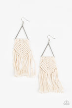 Load image into Gallery viewer, Soft white cording delicately knots and weaves around the bottom of an airy silver triangle, creating a colorful macramé inspired fringe. Earring attaches to a standard fishhook fitting.
