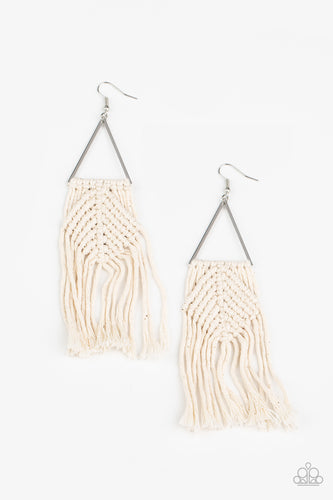 Soft white cording delicately knots and weaves around the bottom of an airy silver triangle, creating a colorful macramé inspired fringe. Earring attaches to a standard fishhook fitting.