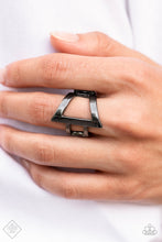 Load image into Gallery viewer, Featuring a high sheen finish, flared gunmetal bars create a bold asymmetrical triangle atop the finger. Two small gunmetal bars wrap around the side for an edgy modern finish. Features a stretchy band for a flexible fit.  Sold as one individual ring.
