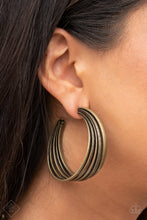 Load image into Gallery viewer, Textured brass rings merge with antiqued matte rings in a curvy ribbon of rustic drama as they wrap around behind the ear. Earring attaches to a standard post fitting. Hoop measures approximately 2&quot; in diameter.  Sold as one pair of hoop earrings.
