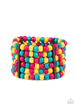 Load image into Gallery viewer, Held together with rectangular wooden fittings, strands of vivacious pink, yellow, and blue wooden beads are threaded along stretchy bands that layer around the wrist into one colorful stretch bracelet.
