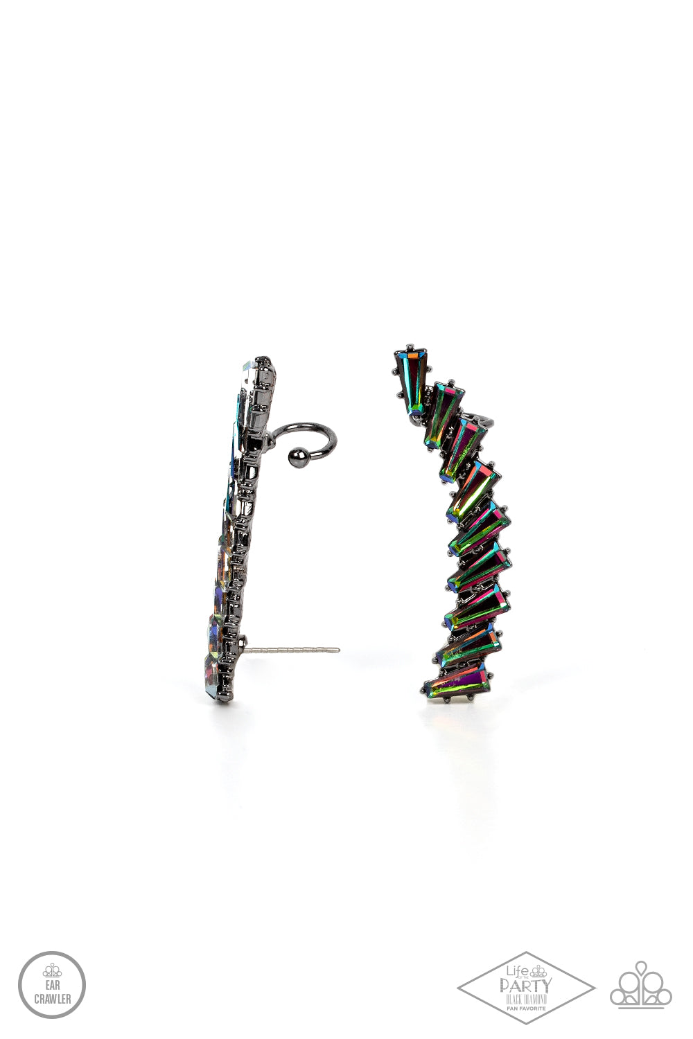 An icy stack of oil spill rhinestone gems climb the ear, coalescing into a shockingly sparkly frame. Earring attaches to a standard post fitting. Features a dainty cuff attached to the top for a secure fit.