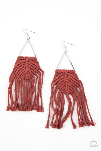 Fired Brick cording delicately knots and weaves around the bottom of an airy silver triangle, creating a colorful macramé inspired fringe. Earring attaches to a standard fishhook fitting