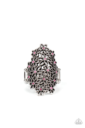 Dotted with dainty pink rhinestone centers, a bouquet of silver flowers blooms across the finger for a seasonally whimsical look. Features a stretchy band for a flexible fit.