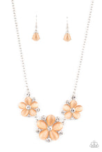 Load image into Gallery viewer, Dotted with glassy white rhinestone centers, a trio of orange cat&#39;s eye stone petaled flowers blossom below the collar for an enchanted look. Features an adjustable clasp closure.
