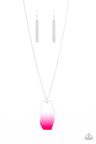 An abstract wooden piece gradually fades from white to pink, creating a colorful ombre inspired pendant at the bottom of a silver chain. Features an adjustable clasp closure