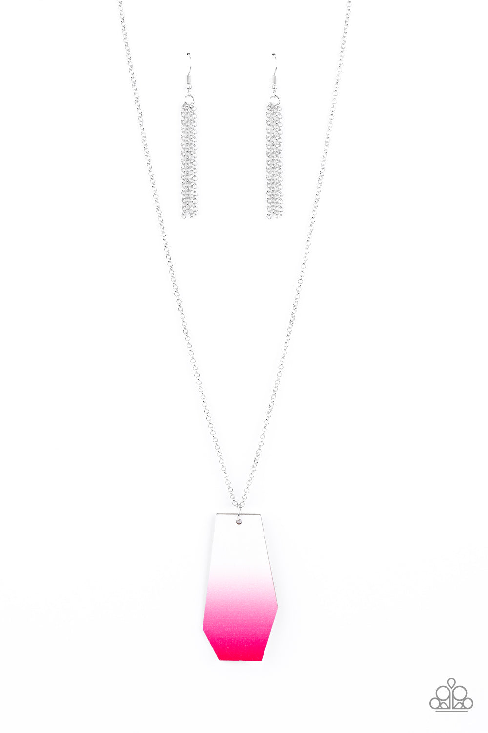An abstract wooden piece gradually fades from white to pink, creating a colorful ombre inspired pendant at the bottom of a silver chain. Features an adjustable clasp closure