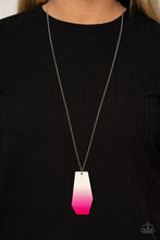 Load image into Gallery viewer, An abstract wooden piece gradually fades from white to pink, creating a colorful ombre inspired pendant at the bottom of a silver chain. Features an adjustable clasp closure
