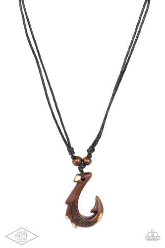 Hanging from the bottom of a double strand of black twine is an urban hook design. Finished in an uneven brown stain, the trendy hook design is complemented with two wooden bead knotted in black twine.  Sliding knot closure allows for an adjustable fit.