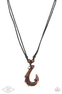 Hanging from the bottom of a double strand of black twine is an urban hook design. Finished in an uneven brown stain, the trendy hook design is complemented with two wooden bead knotted in black twine.  Sliding knot closure allows for an adjustable fit.