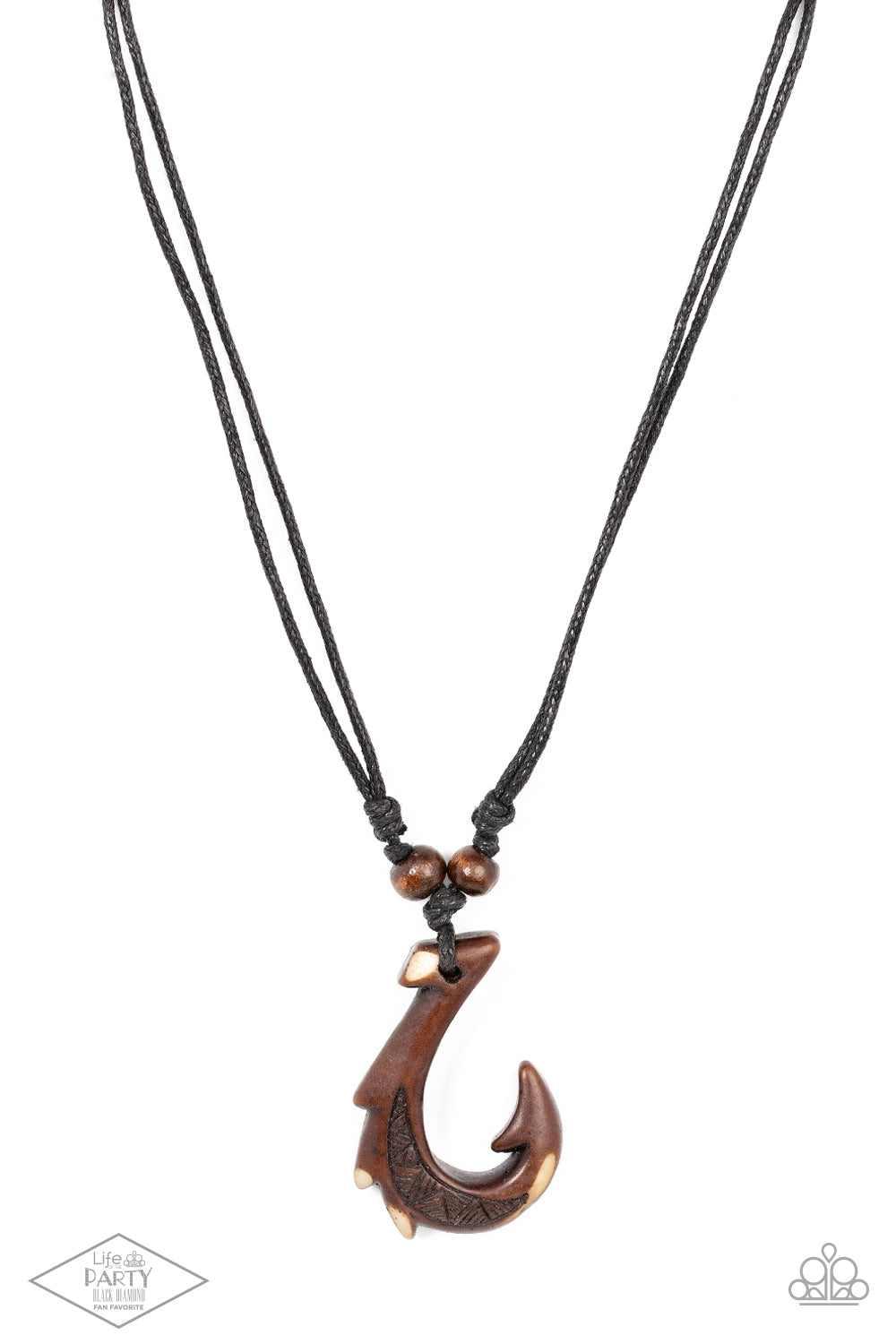 Hanging from the bottom of a double strand of black twine is an urban hook design. Finished in an uneven brown stain, the trendy hook design is complemented with two wooden bead knotted in black twine.  Sliding knot closure allows for an adjustable fit.