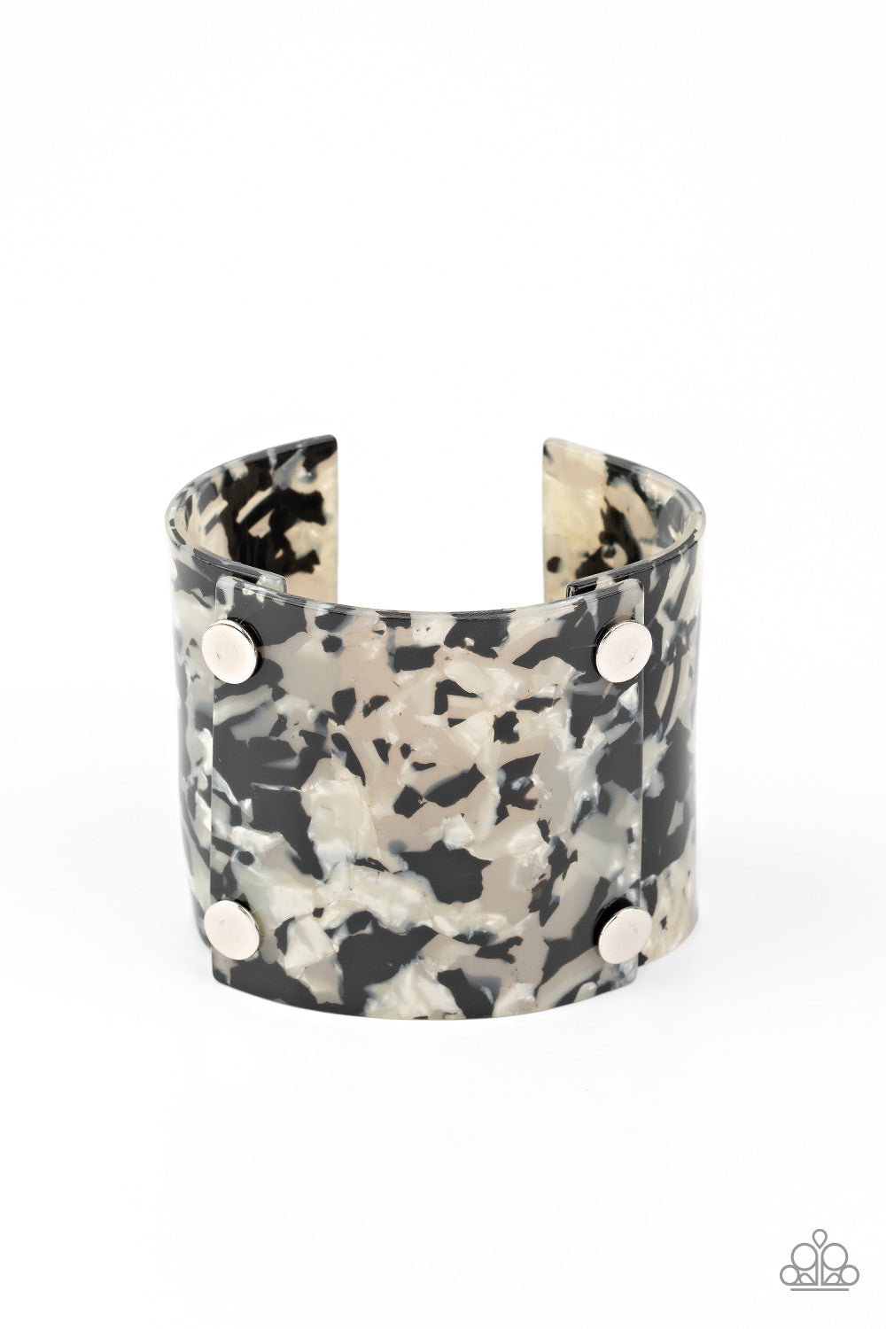 Featuring a shell-like finish, pieces of iridescent acrylic frames are bolted in place into a stylish cuff around the wrist.