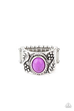 Load image into Gallery viewer, Embossed in leafy floral patterns, the center of a thick silver band is adorned with an oval purple stone for a seasonal flair. Features a stretchy band for a flexible fit.
