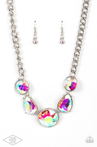 Infused with heavy silver chain, an exaggerated display of round and teardrop shaped iridescent rhinestones connects below the collar for a blinding look. Features an adjustable clasp closure.