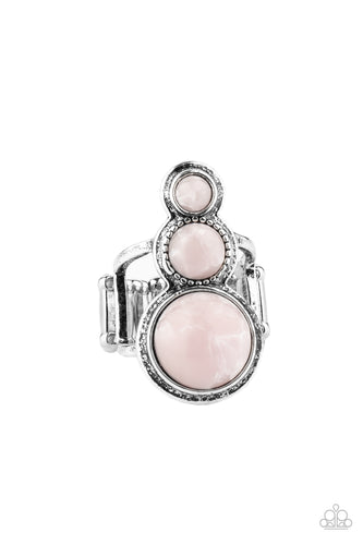 Featuring a faux marble finish, a trio of pink stone beads gradually increase in size down the finger atop two airy silver bands for a vintage inspired look. Features a stretchy band for a flexible fit.