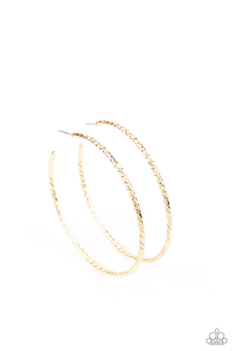 Etched in twisted diamond-cut texture, an oversized gold bar delicately curls into a dramatically oversized hoop. Earring attaches to a standard post fitting. Hoop measures approximately 2 1/2