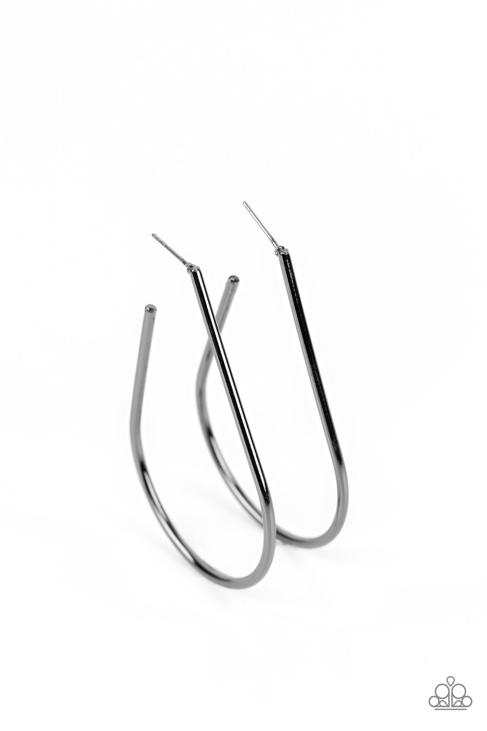 A glistening gunmetal bar sleekly curls into an elongated hoop for a chic look. Earring attaches to a standard post fitting. Hoop measures approximately 1 1/2