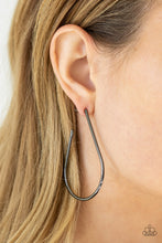 Load image into Gallery viewer, A glistening gunmetal bar sleekly curls into an elongated hoop for a chic look. Earring attaches to a standard post fitting. Hoop measures approximately 1 1/2&quot; in diameter
