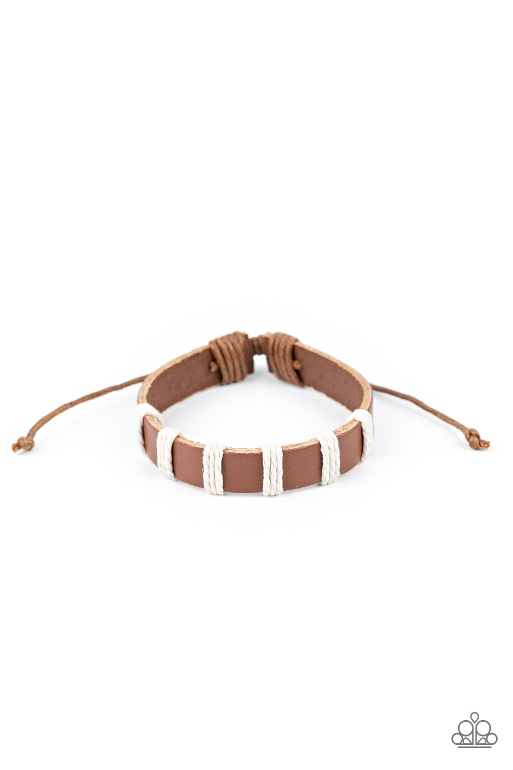 Pieces of white twine-like cording knot around a brown leather band, creating a rustic look around the wrist. Features an adjustable sliding knot closure